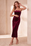 Burgundy Velvet Bodycon Cut Out Strapless Midi Holiday Party Dress with Bow