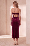 Burgundy Velvet Bodycon Cut Out Strapless Midi Holiday Party Dress with Bow