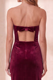 Burgundy Velvet Bodycon Cut Out Strapless Midi Holiday Party Dress with Bow