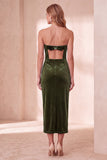 Burgundy Velvet Bodycon Cut Out Strapless Midi Holiday Party Dress with Bow