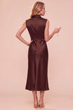 Coffee Sheath Cowl Neck Sleeveless Midi Dress with Lace