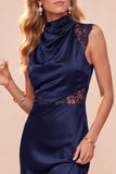 Coffee Sheath Cowl Neck Sleeveless Midi Dress with Lace