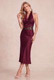 Burgundy Sheath Cowl Halter Satin Midi Wedding Guest Dress with Lace Cut Out