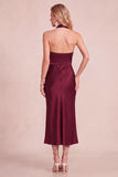 Burgundy Sheath Cowl Halter Satin Midi Wedding Guest Dress with Lace Cut Out
