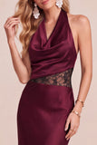 Burgundy Sheath Cowl Halter Satin Midi Wedding Guest Dress with Lace Cut Out