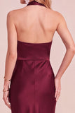 Burgundy Sheath Cowl Halter Satin Midi Wedding Guest Dress with Lace Cut Out