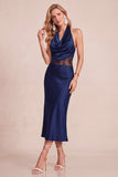 Burgundy Sheath Cowl Halter Satin Midi Wedding Guest Dress with Lace Cut Out