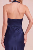 Burgundy Sheath Cowl Halter Satin Midi Wedding Guest Dress with Lace Cut Out