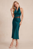 Burgundy Sheath Cowl Halter Satin Midi Wedding Guest Dress with Lace Cut Out