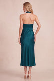 Burgundy Sheath Cowl Halter Satin Midi Wedding Guest Dress with Lace Cut Out