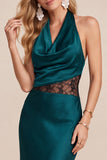 Burgundy Sheath Cowl Halter Satin Midi Wedding Guest Dress with Lace Cut Out