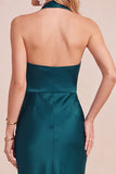 Burgundy Sheath Cowl Halter Satin Midi Wedding Guest Dress with Lace Cut Out