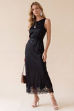 Black Sheath Round Neck Satin Midi Wedding Guest Dress with Lace