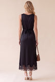 Black Sheath Round Neck Satin Midi Wedding Guest Dress with Lace