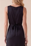 Black Sheath Round Neck Satin Midi Wedding Guest Dress with Lace