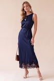 Black Sheath Round Neck Satin Midi Wedding Guest Dress with Lace