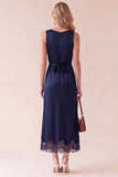Black Sheath Round Neck Satin Midi Wedding Guest Dress with Lace