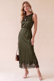 Black Sheath Round Neck Satin Midi Wedding Guest Dress with Lace