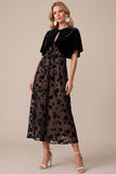 Black A-Line Velvet Round Neck Printed Midi Holiday Party Dress with Capelet
