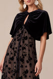 Black A-Line Velvet Round Neck Printed Midi Holiday Party Dress with Capelet
