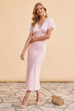 Blush Sheath V-Neck Flutter Sleeves Midi Holiday Party Dress with Lace