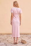 Blush Sheath V-Neck Flutter Sleeves Midi Holiday Party Dress with Lace