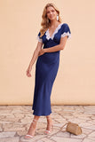 Blush Sheath V-Neck Flutter Sleeves Midi Holiday Party Dress with Lace