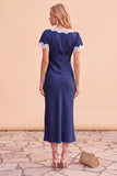 Blush Sheath V-Neck Flutter Sleeves Midi Holiday Party Dress with Lace