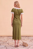 Blush Sheath V-Neck Flutter Sleeves Midi Holiday Party Dress with Lace