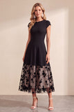 Black A-Line Round Neck Floral Tulle Midi Wedding Guest Dress