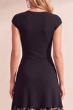 Black A-Line Round Neck Floral Tulle Midi Wedding Guest Dress