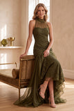 Olive Mermaid High Neck Lace High-Low Ruffled Wedding Guest Dress