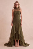 Olive Mermaid High Neck Lace High-Low Ruffled Wedding Guest Dress