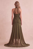 Olive Mermaid High Neck Lace High-Low Ruffled Wedding Guest Dress