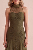 Olive Mermaid High Neck Lace High-Low Ruffled Wedding Guest Dress