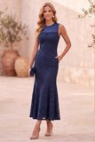 Dark Blue Mermaid Lace Round Neck Sleeveless Midi Wedding Guest Dress with Pockets