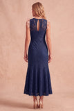 Dark Blue Mermaid Lace Round Neck Sleeveless Midi Wedding Guest Dress with Pockets