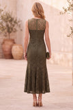 Dark Blue Mermaid Lace Round Neck Sleeveless Midi Wedding Guest Dress with Pockets