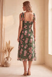 Green A-Line Square Neck Floral Printed Midi Wedding Guest Dress with Slit