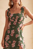 Green A-Line Square Neck Floral Printed Midi Wedding Guest Dress with Slit