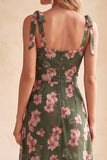 Green A-Line Square Neck Floral Printed Midi Wedding Guest Dress with Slit