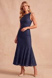 Dark Blue Mermaid Round Neck Ruffled Midi Wedding Guest Dress with Lace