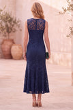 Dark Blue Mermaid Round Neck Ruffled Midi Wedding Guest Dress with Lace