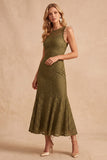 Dark Blue Mermaid Round Neck Ruffled Midi Wedding Guest Dress with Lace