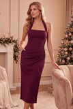 Burgundy Bodycon Halter Ruched Midi Wedding Guest Dress with Pockets