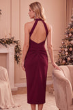 Burgundy Bodycon Halter Ruched Midi Wedding Guest Dress with Pockets