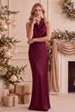 Burgundy Satin Mermaid Halter Cowl Neck Maxi Wedding Guest Dress
