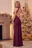 Burgundy Halter Sheath Satin Cowl Backless Long Wedding Guest Dress with Lace