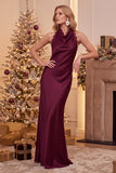 Burgundy Halter Sheath Satin Cowl Backless Long Wedding Guest Dress with Lace