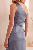 Dusty Blue Satin Asymmetrical One Shoulder Sheath Ruched Long Wedding Guest Dress with Slit